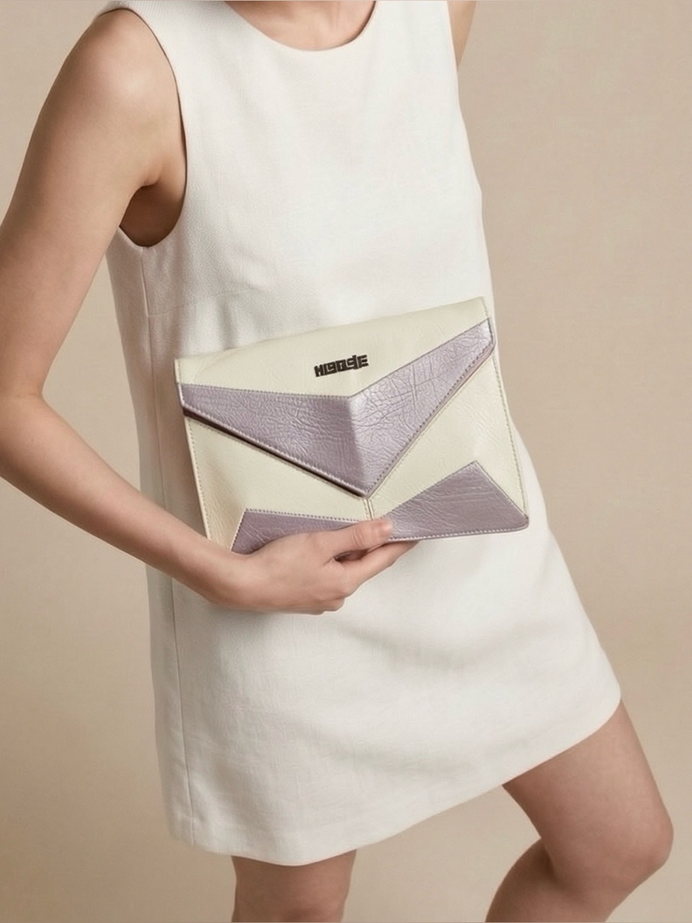 Colorblock PVC Leather Crossbody Clutch in Cream Silver & Pink